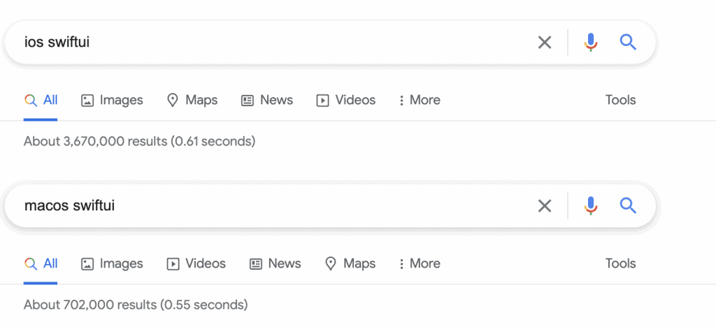 There is 5x more search results for using SwiftUI for iOS than for macOS.
