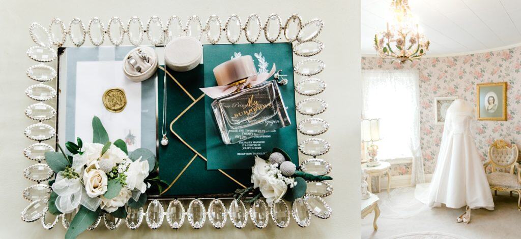 chicago wedding photographer wedding invitations, perfumes on the tray on the right wedding dress standing on the mannequin