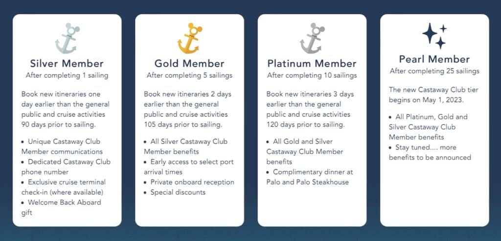 Disney Cruise Levels including Pearl Castaway Club Benefits