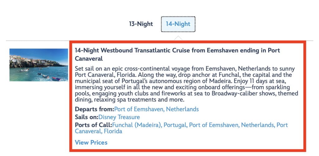 Disney Treasure 14-night transatlantic cruise