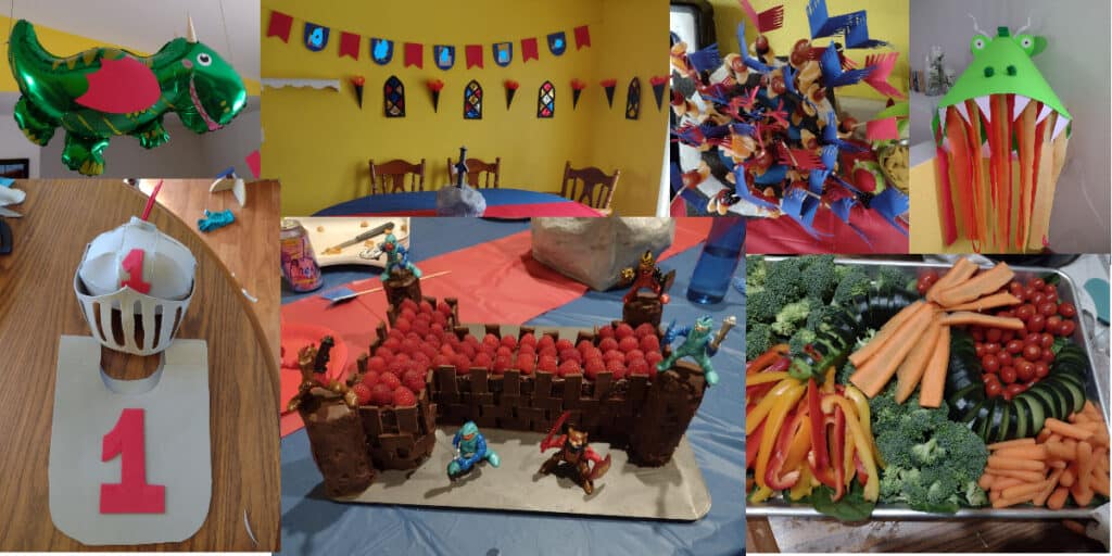 Picture of decorations and food made for a dragon and knight party for a one year old birthday