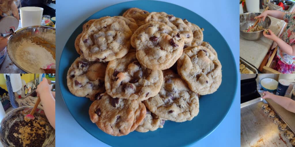 Pictures of baking cookies with a preschooler surrounding a picture of a plate of chocolate chip cookies