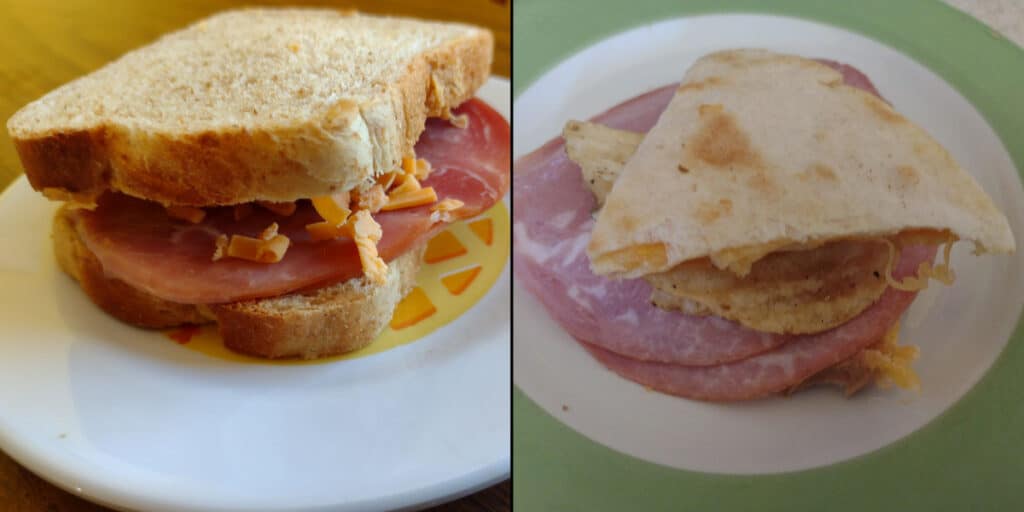 Picture of two sandwiches made by a preschooler as a preschooler eating hack