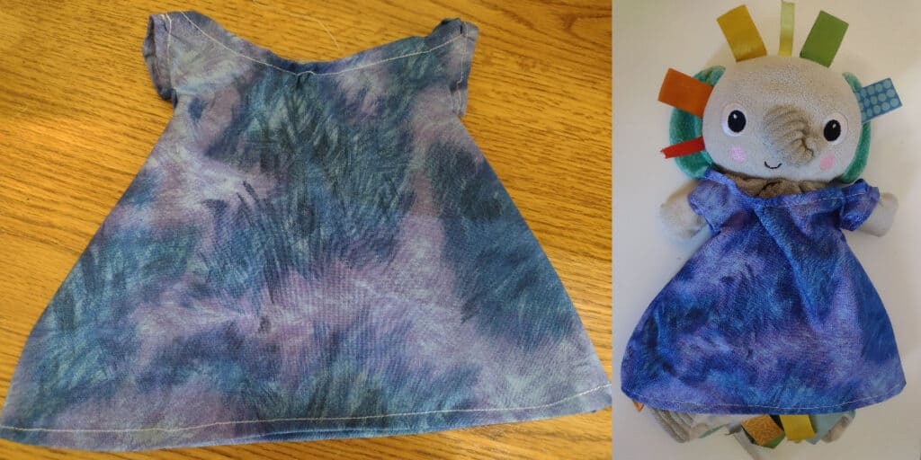 Picture of a blue and purple sewn dress next to a picture of an elephant lovey wearing the dress after making doll clothes for her