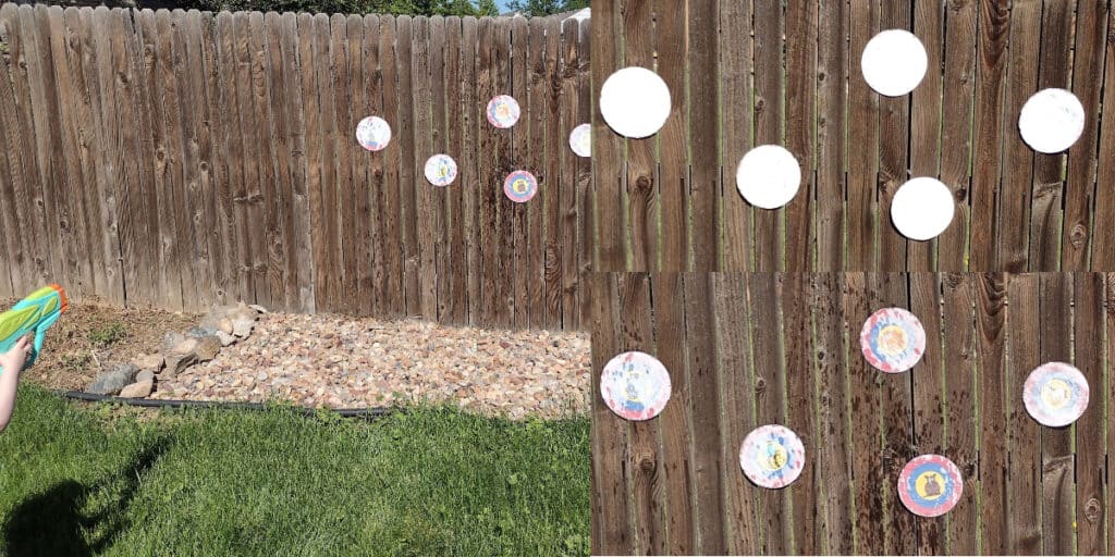 Picture of a preschooler shooting a squirt gun at hydrochromic targets next to two pictures of water gun target game targets. The ones on the top are white and dry and the ones on the bottom are wet and starting to show the animals underneath