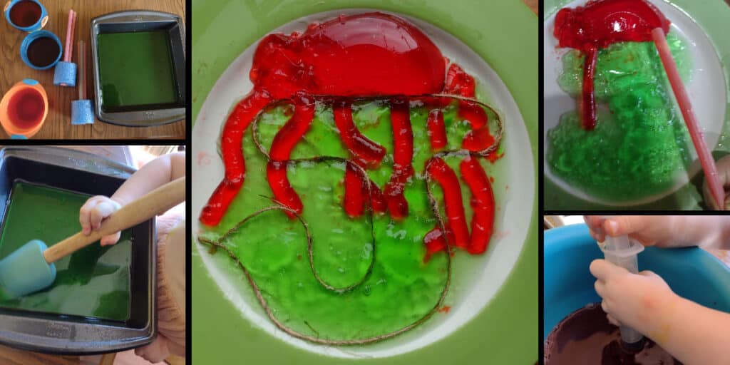 Picture of a J is for jellyfish craft made from Jell-O and jute. Four pictures of a preschooler making the J is for jellyfish craft surround it