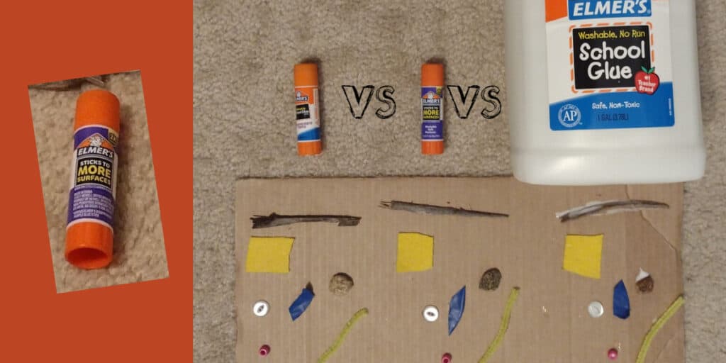 Picture of Elmer's Extra Strength glue stick next to a picture of a test between it, a normal glue stick, and school glue