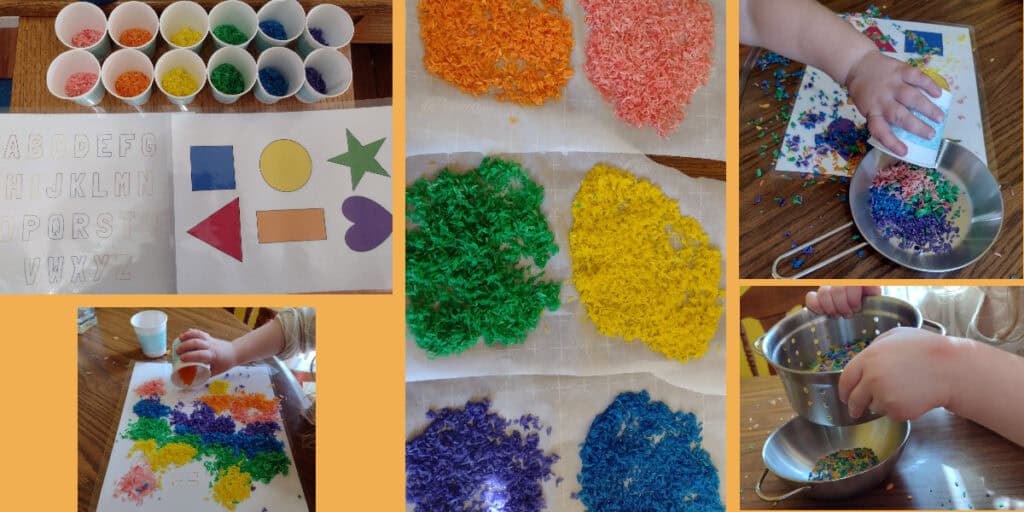 Picture of rainbow rice and kids playing with it