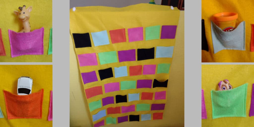 Pictures of DIY toy storage. Middle picture is of the felt toy organizer hanging on a wall. Four pictures surround it of different toys in a single felt pocket. One has a Little People giraffe, one has a white toy truck, one has a orange Play-Doh, and one has a Skye Tonie