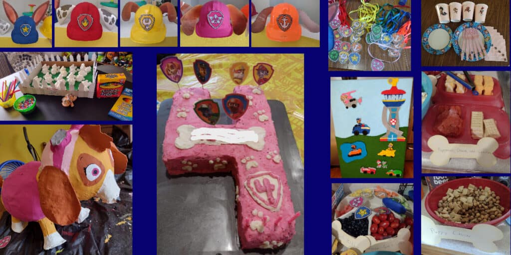 Picture collage of Paw Patrol party decorations, activities, and food. Pup helmets, a puppy adoption center, a Skye pinata, a pink pup cake, pup tag necklaces, a Paw Patrol themed felt board, snacks, and party supplies are all pictured