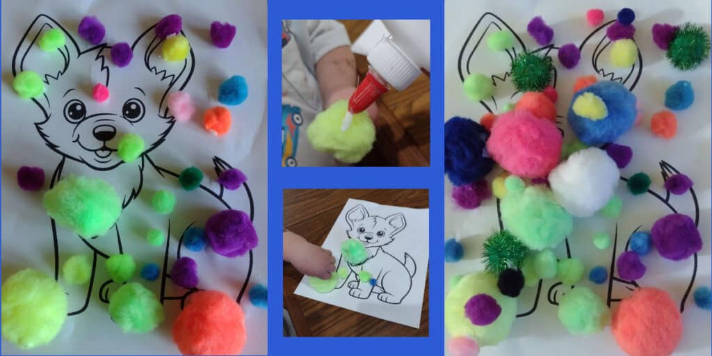 Pictures of a puppy pom pom craft. Two pictures are of a picture of a puppy covered in pom poms. Once has less pom poms on it than the other. The other two pictures are of a toddler gluing and placing the pom poms on the picture