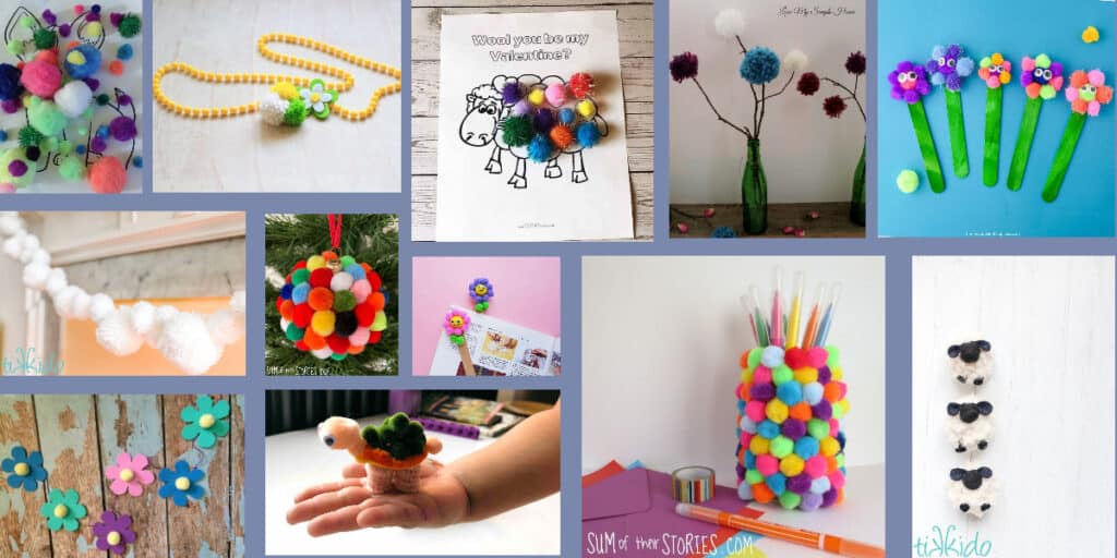 Picture of several pom pom crafts. There is a picture of a dog, necklace, sheep Valentine, flowers, garland, ornament, bookmarks, flower garland, turtle, jar, and sheep crafts