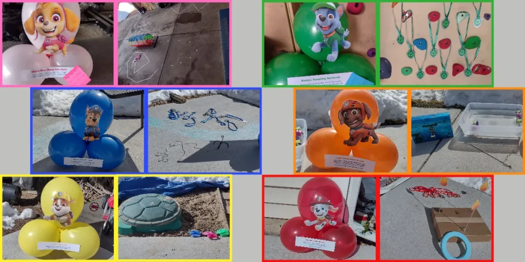 Picture of Skye, Chase, Rubble, Rocky, Zuma, and Marshall Paw Patrol party games. There is a balloon sign and a picture of the game for each pup.