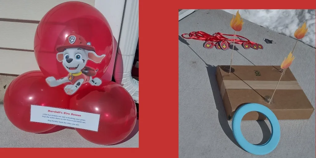 Pictures of a Marshall Paw Patrol party game. On the left is a picture of three red balloons with a picture of Marshall and game instructions taped to it. On the right is a picture of a blue disk propped against a cardboard box with sticks poking out of it with pictures of fire on top. In the background are Marshall pup badge necklaces made from ribbon.