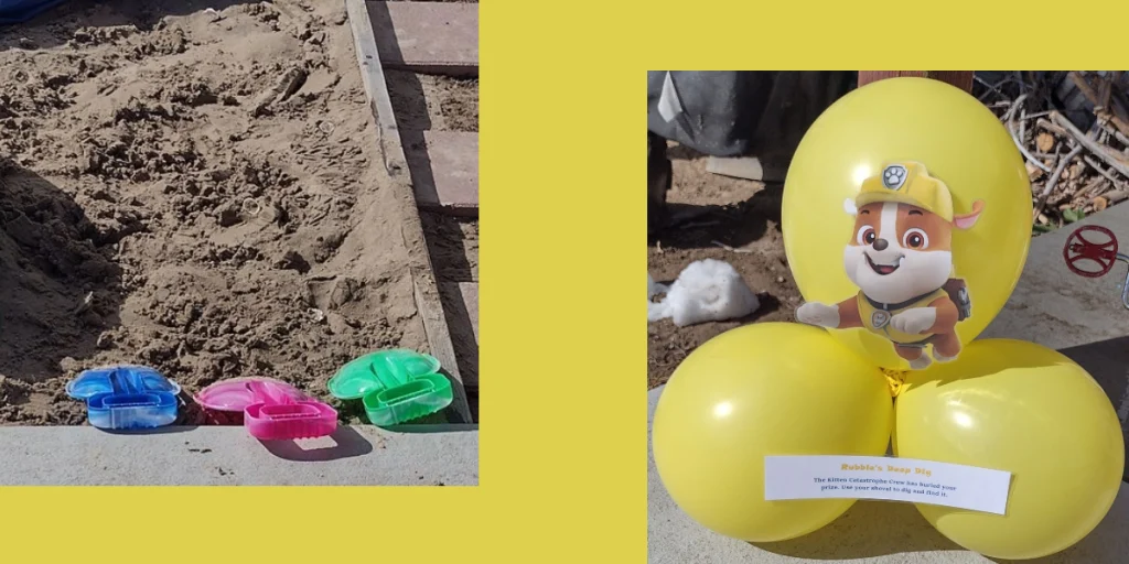 Picture of a Rubble Paw Patrol game. On the left is a picture of a sandbox with three plastic shovels sitting on the side of it. On the right are three balloons tied together with a picture of Rubble and directions taped to them
