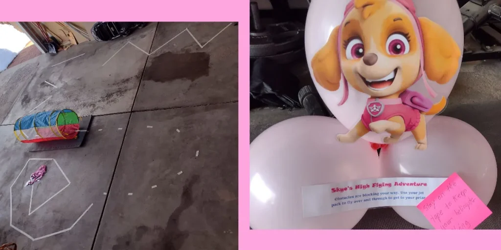 Picture of a Skye Paw Patrol obstacle course using masking tape and a picture of Skye taped to three pink balloons along with directions on how to play the game