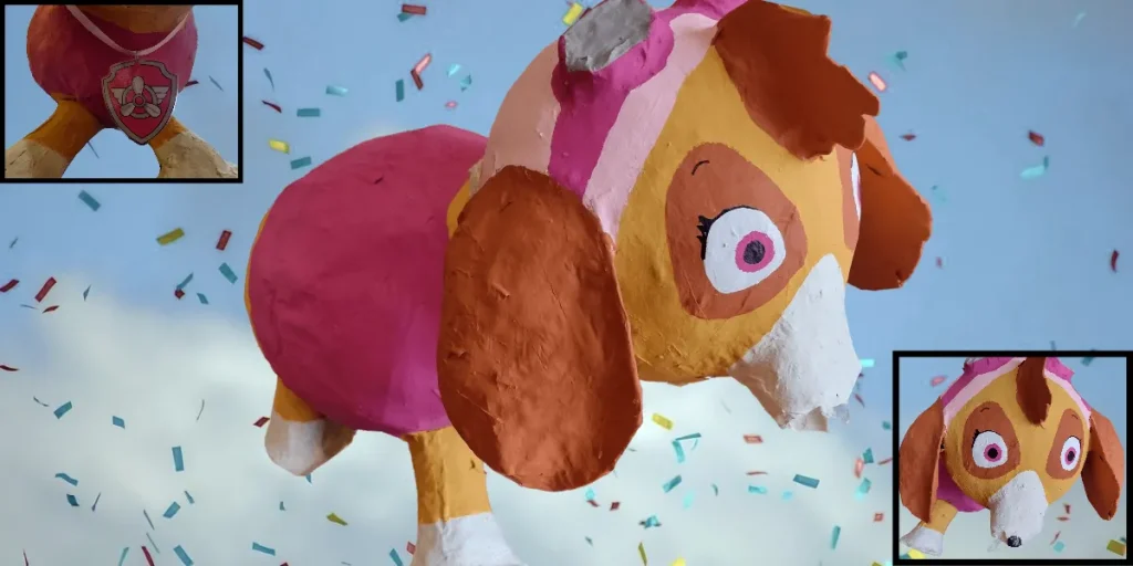 Picture of a DIY Skye Paw Patrol Pinata made out of paper mache. It has a background of a cloud and confetti. There are two other pictures of the pinata in the corners. One is of Skye's pup tag and one is of her face
