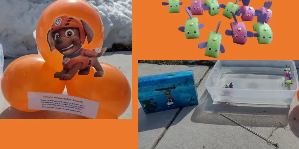 Pictures of a Zuma Paw Patrol party game. The left picture is of three orange balloons with a picture of Zuma and game instructions taped to them. On the right is a picture of the Zuma themed game set up. There is a treasure chest next to a bin full of water with pool noodle fish in it and a DIY fishing pole in front of it. There is a swarm of pool noodle fish with no background above this picture.