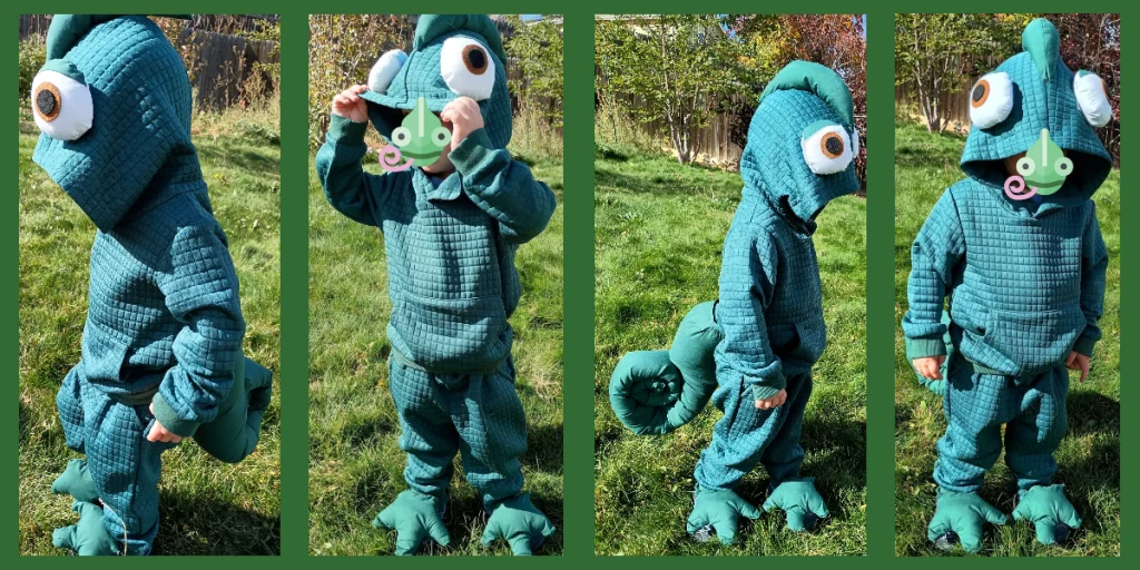 Four pictures of a little boy in a chameleon Pascal costume for Halloween