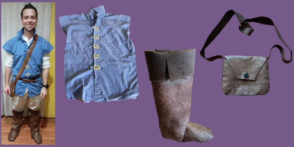 Picture of an adult in a Tangled DIY Flynn Rider costume for Halloween. Next to the picture is a closeup of all the DIY parts of the costume. There is a vest, boot, and satchel