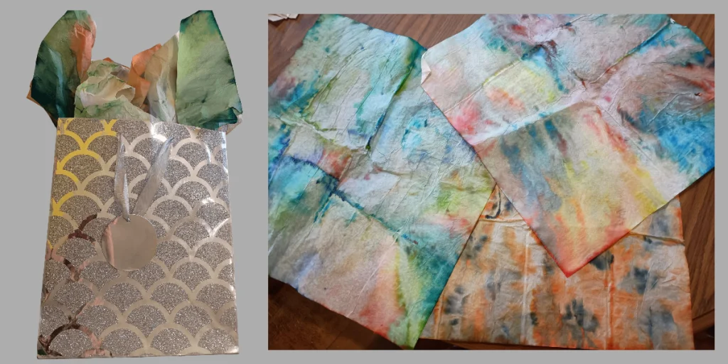 Picture of three pieces of tie dye tissue paper made with markers. Another picture of a silver gift bag with the pieces of tissue paper coming out of the top