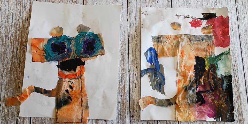 Picture of two T is for tiger crafts made with tie dyed tissue paper and tempera paint