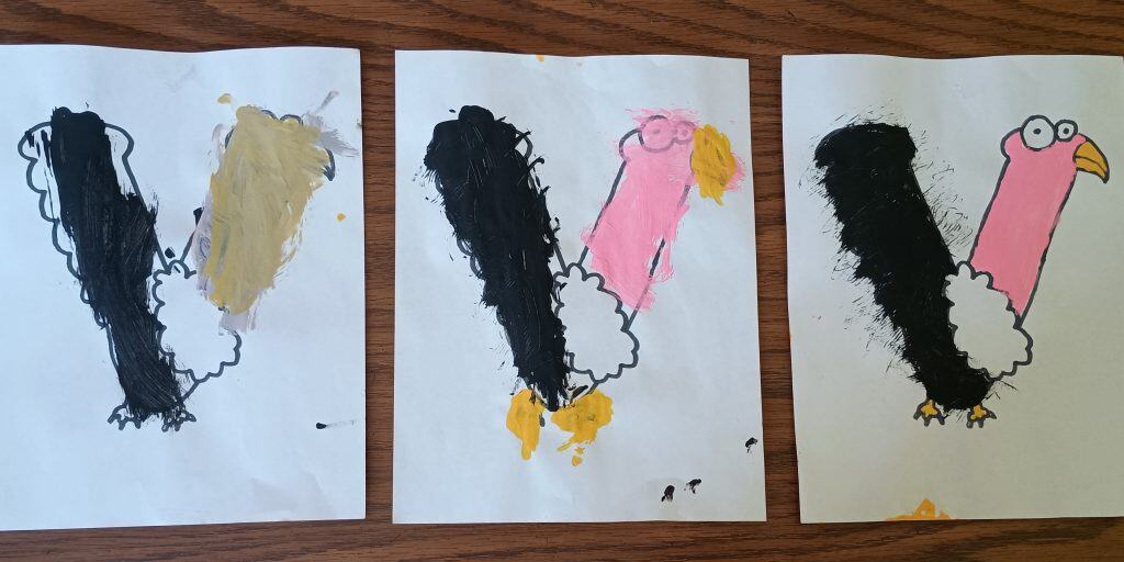 Picture of three V is for vulture crafts painted with Velcro