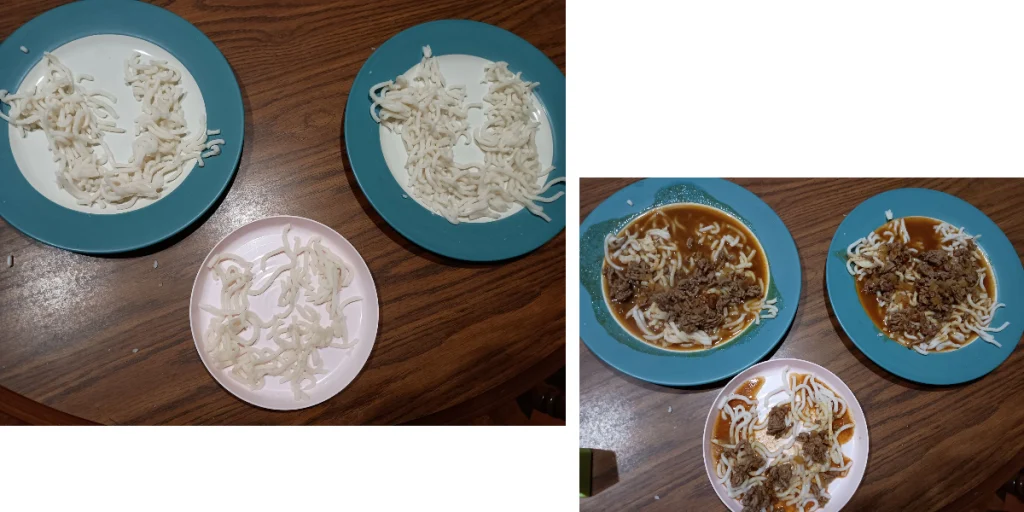Picture of a U is for unicorn craft made by placing udon noodles in the shape of a U shaped unicorn. The left picture is plain noodles and the right picture is covered in sauce