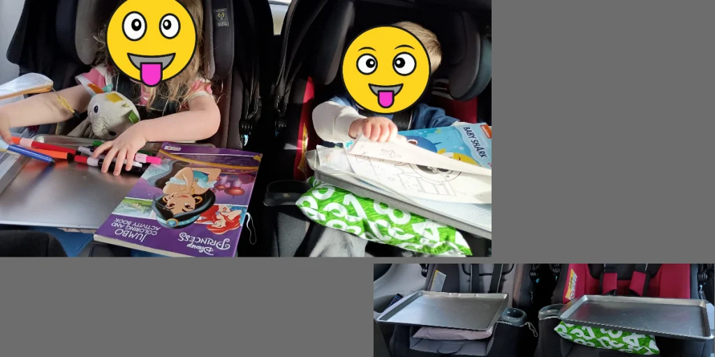 Picture of two kids with DIY car seat trays in their laps. Another picture of the pillow cookie sheets attached to the car seats with nobody in them.