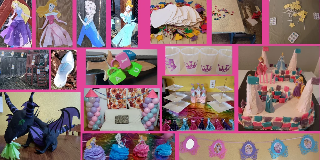 Collage of pictures from a Disney princess party. There are Elsa, Cinderella, Rapunzel, and Sleeping Beauty decorations. There are also pictures of a DIY Maleficent pinata and pieces of a game associated with it. There is a Disney princess birthday cake and a castle food area. Lastly there are a few princess decorations including balloon towers and a carriage birthday banner.