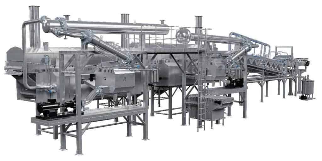 フライドポテトの典型的な工業用食品フライヤー| 出典:https://foodtechnologies.rosenqvists.com/articles/fantastic-frying-of-french-fries-4-key-factors-to-succeed/