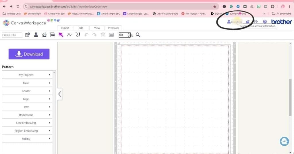 Showing where to find the Account Setting in the onlinve version of Canvas Workspace