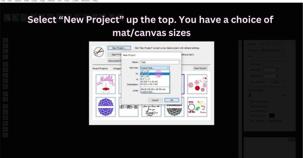 Create a new project and select the size mat/canvas that you would like to work with