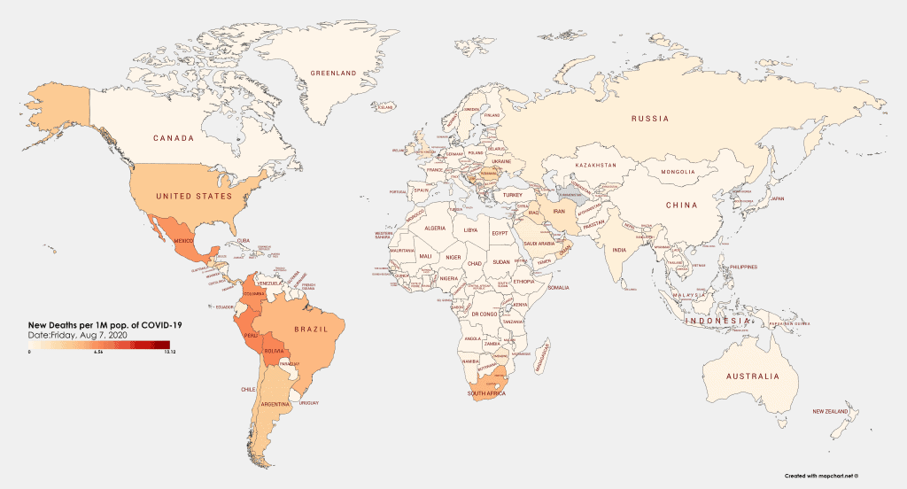 Coronavirus New Deaths per 1 million world map