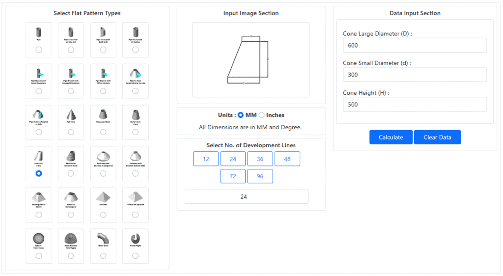 eccentric cone flat pattern layout example inputs