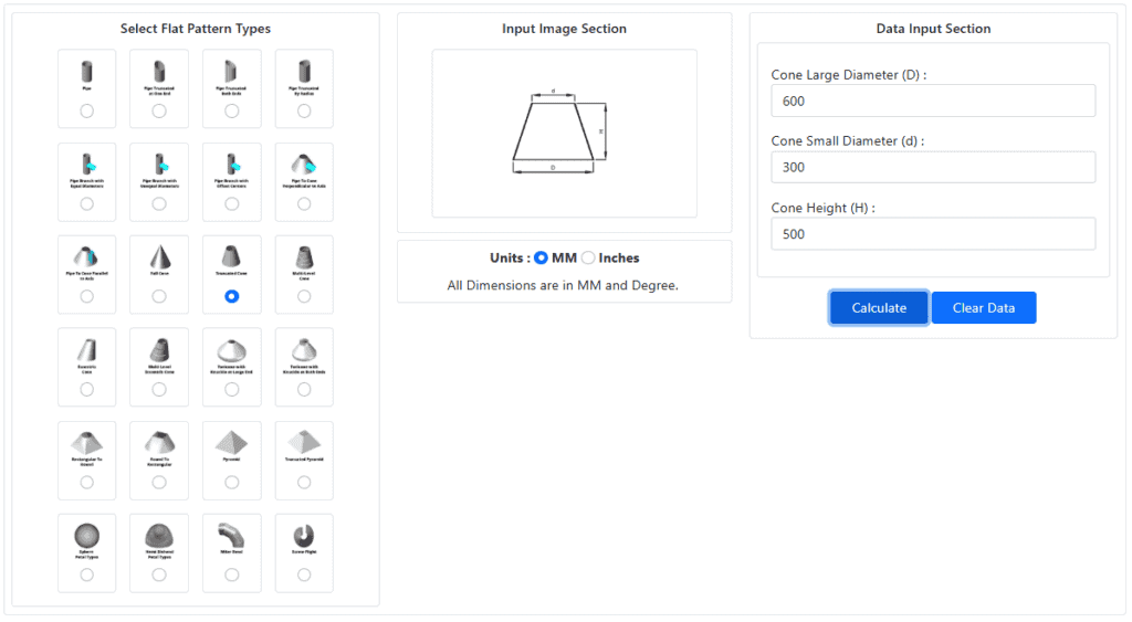 Input dimensions used for the truncated cone development example