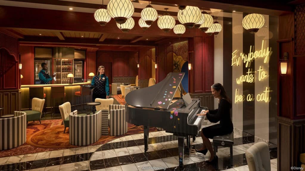 A black-and-white-striped statement wall will extend through the center of the venue, framing a groovy neon sign with the lyrics “Ev’rybody Wants to be a Cat.” Reminiscent of piano keys, the wall will honour music's important role throughout the film.  