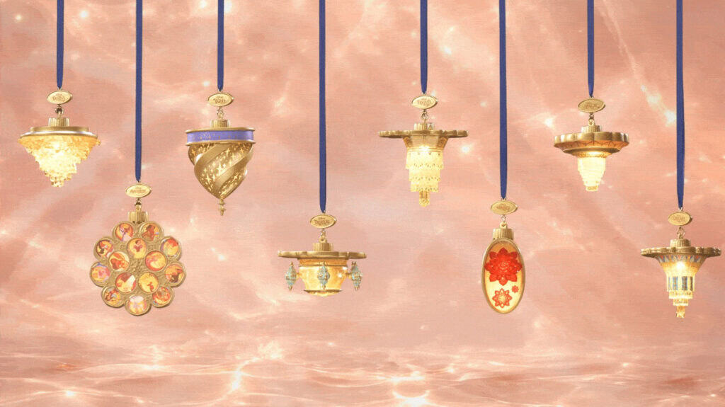 Beautiful collection of Disney Cruise Castaway Club gifts hanging against a pink sky.