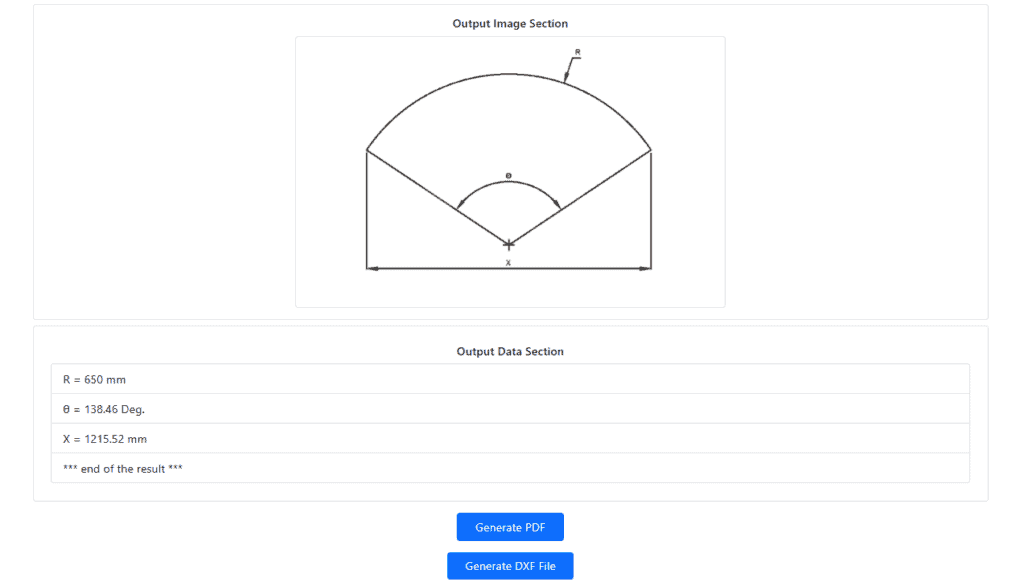 Cone development flat pattern result showing radius 650 mm, sector angle 138.46 degrees, and developed pattern width 1215.52 mm.