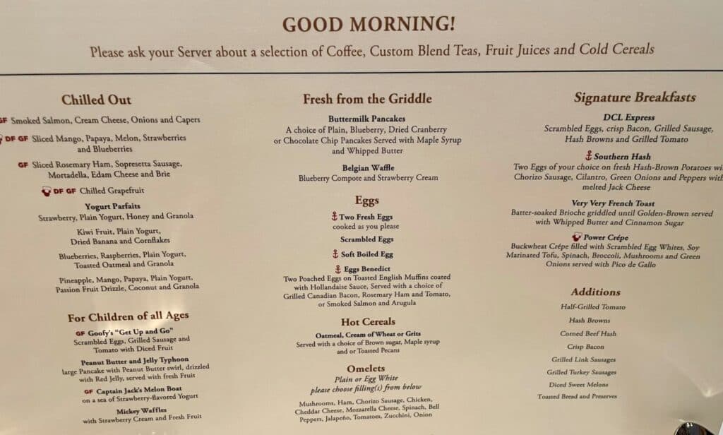 Disney Wish Breakfast Menu