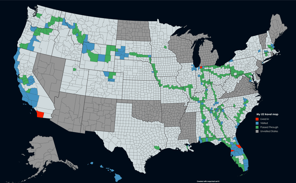  USA Counties travel map with unvisited States and a dark theme.