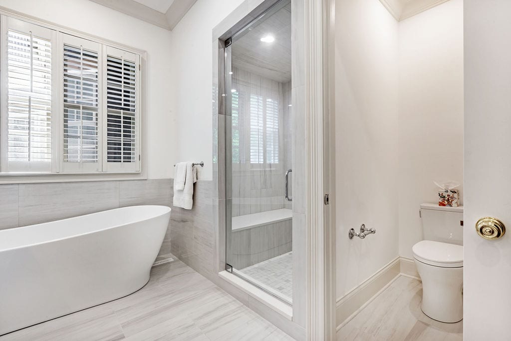 bathroom interior, bathtub, toilet, shower