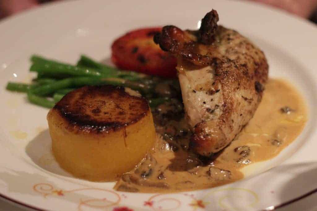 Roasted Thyme Marinated Chicken Breast with Fondant Potato, Haricot Vert and a Morel Mushroom-Cognac Sour Cream Sauce Rapunzel's Royal Table Seasons Menu Transatlantic Cruise Disney Magic