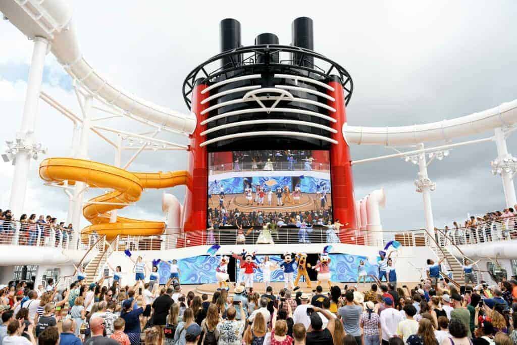 Another guest-favorite Disney Cruise Line experience returns aboard the Disney Wish in a new way with the premiere of Set Sail on a Wish, a fresh take on the fleet’s signature sail away celebration on the upper decks. (Mark Ashman, photographer)