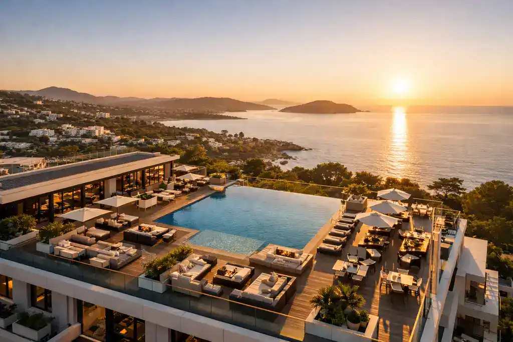 Filmación aérea cinematográfica de un resort de lujo con gimbal profesional durante la hora dorada