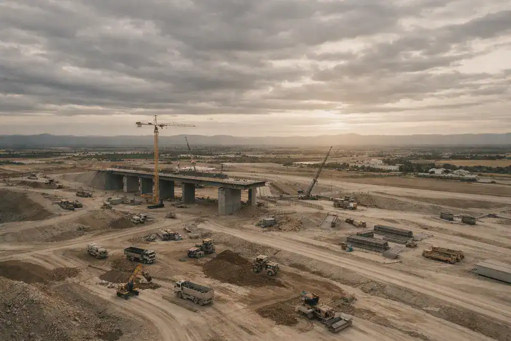 Vista aérea de proyecto de infraestructura en construcción durante hora dorada, tomada con drone cinematográfico DJI Inspire 3 en 6K