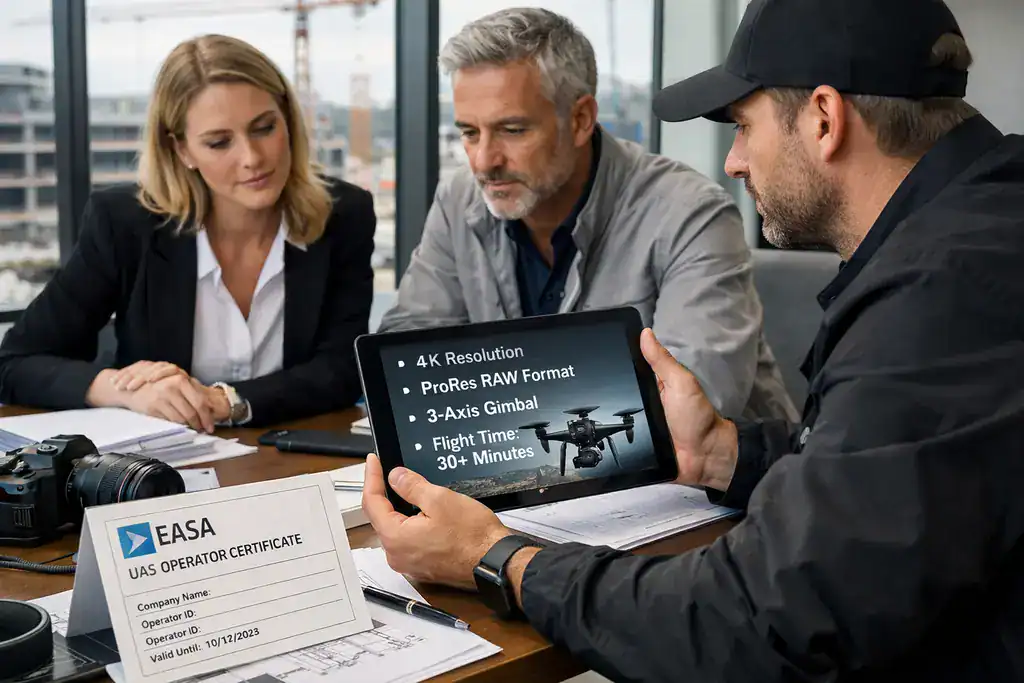 Reunión de especificaciones técnicas de contrato audiovisual aéreo en obra de ingeniería con certificaciones AESA visibles