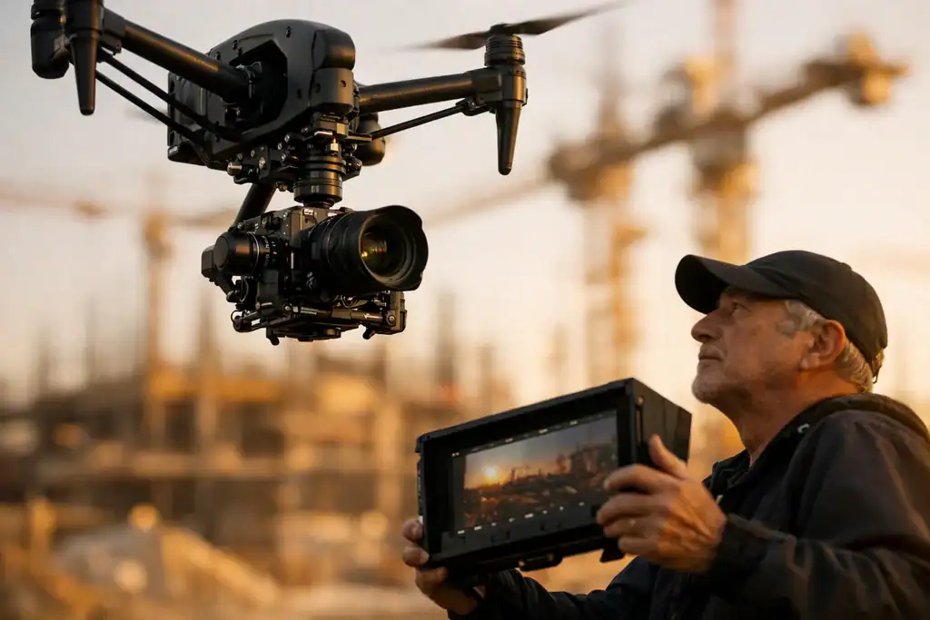 Piloto profesional AESA operando DJI Inspire 3 con gimbal cinematográfico en rodaje aéreo industrial
