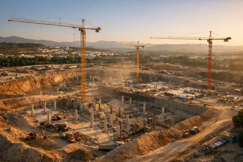 Plano aéreo cenital de obra de construcción en España, vista desde drone cinematográfico 8K