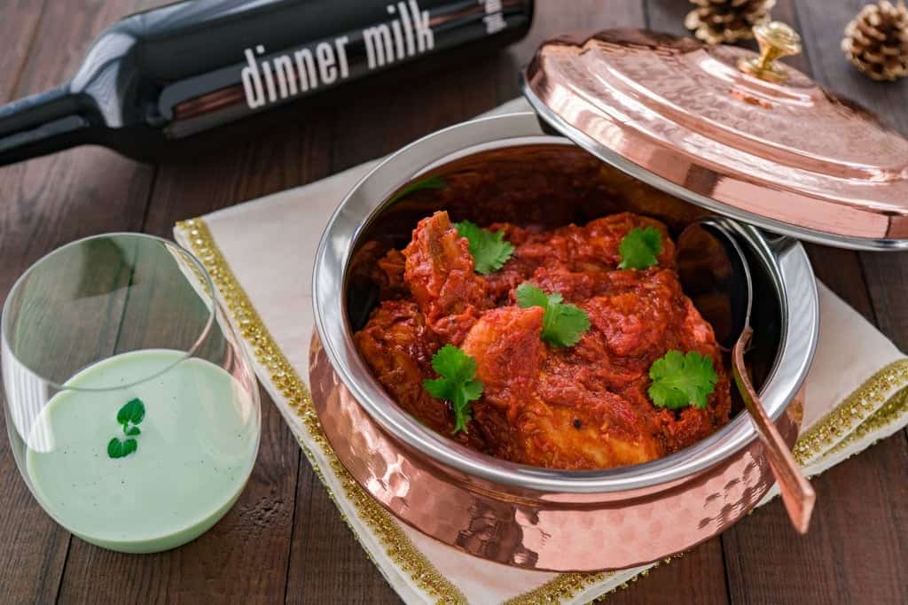 Fiery Chicken Curry with Cucumber Milk Cucumber and mint infused milk makes for the perfect pairing to this spicy chicken curry.